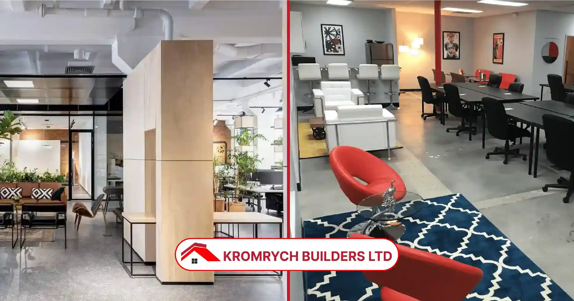Side-by-side view of commercial interiors showing fit out and build out designs by Kromrych Builders Ltd, highlighting office and workspace customization.